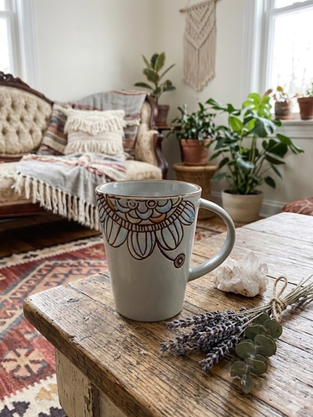 Boho Ceramic Mandala Floral Coffee Mug Earthy Clay Art